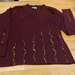 Brown V neck beaded sweater